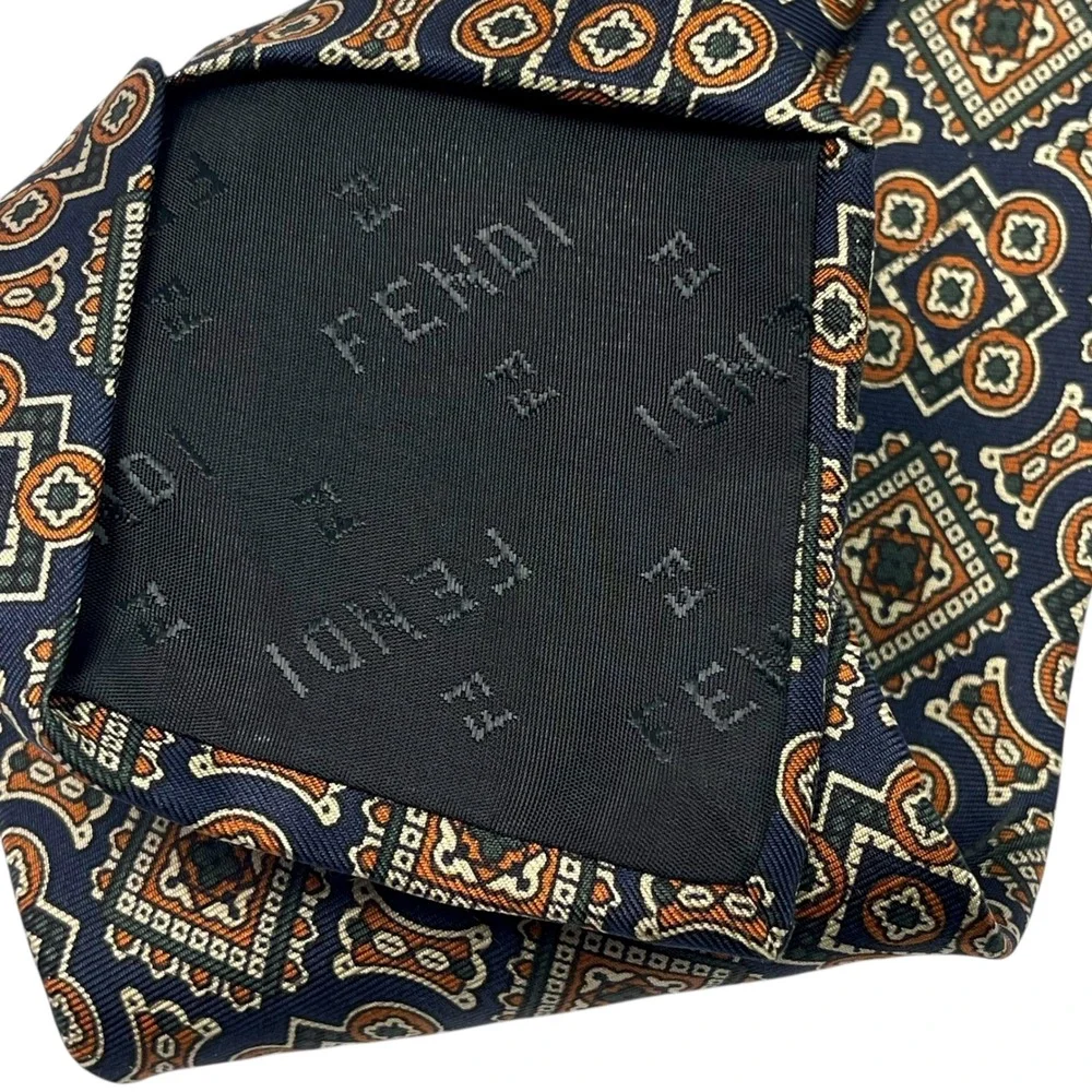 FENDI Cravatte Mens Silk Tie Navy Blue Orange Geometric Medallion Made in Italy‎